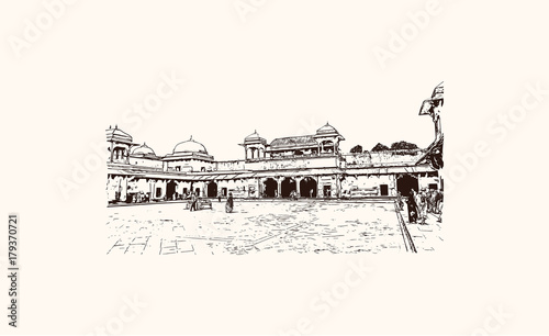Hand drawn sketch of Jodha Bai Palace, Fatehpur Sikri, Uttar Pradesh, India in vector illustration.