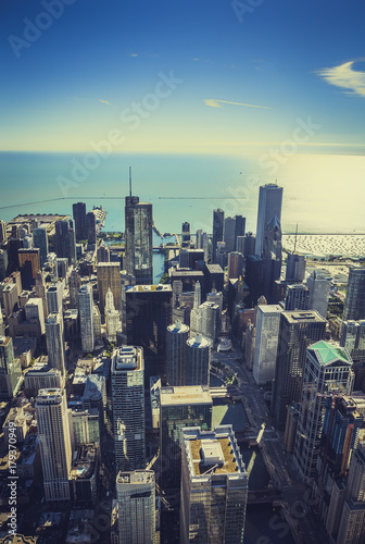 Chicago Skyline Aerial Skyscrapers. Vintage tone