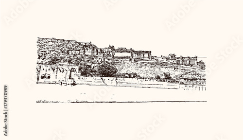 Hand drawn sketch of Amer (Amber) Fort, Jaipur, India in vector illustration.