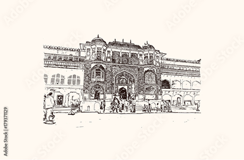 Hand drawn sketch of Amer (Amber) Fort, Jaipur, India in vector illustration.