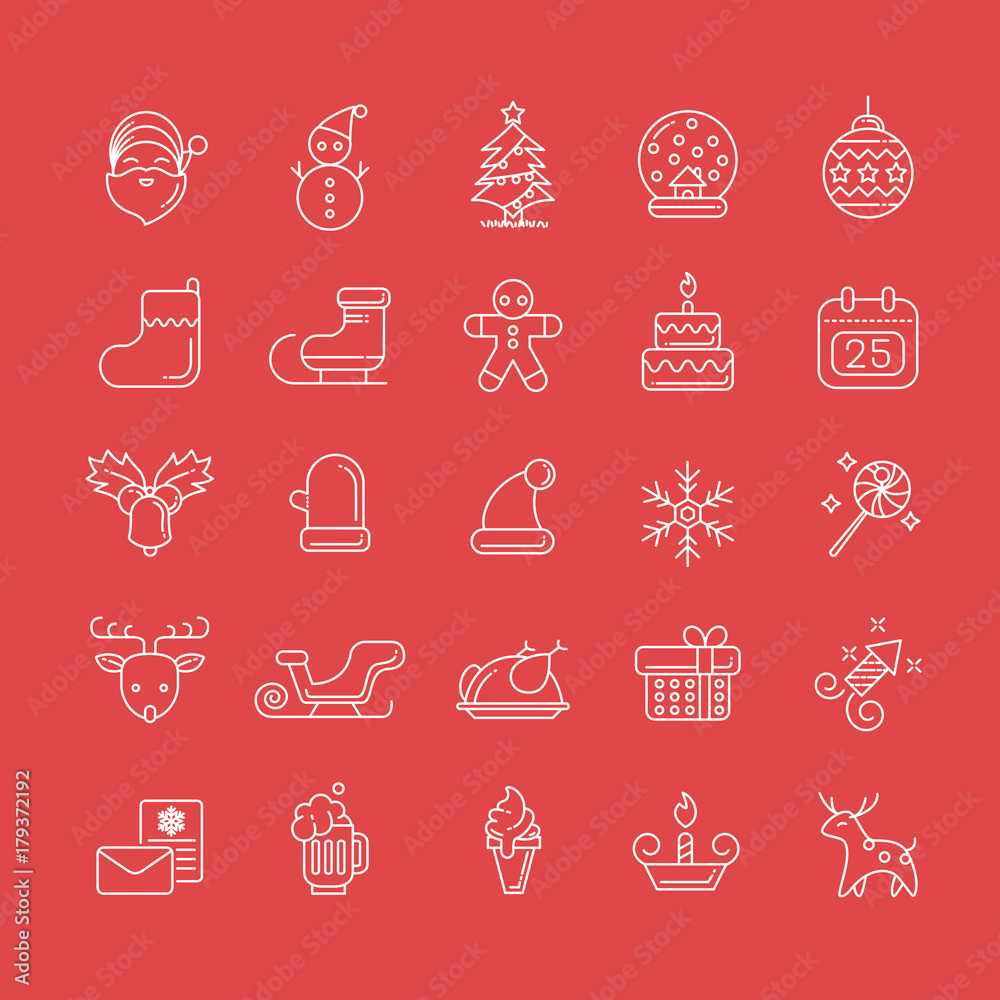 christmas elements icon set. icon flat style with white thin line art icons on red background. Editable stroke