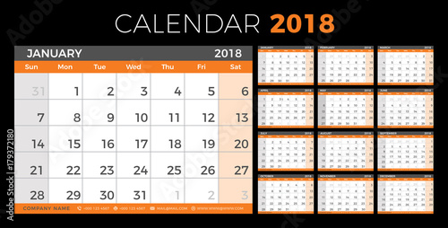 Calendar Planner 2018 year.  Simple minimal wall type calendar template. Week starts from sunday