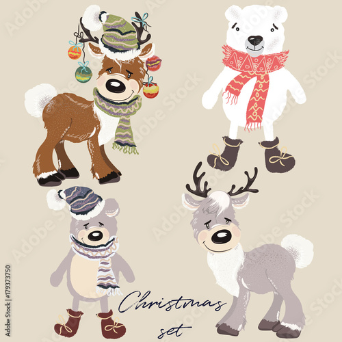 Christmas set of vector cartoon animals bears and deers