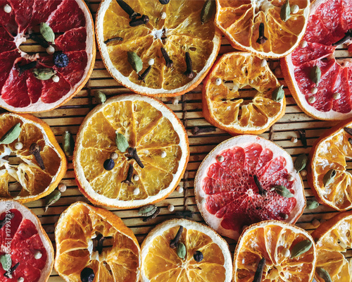 Dried slices of citrus fruits  background  orange  mandarin  grapefruit