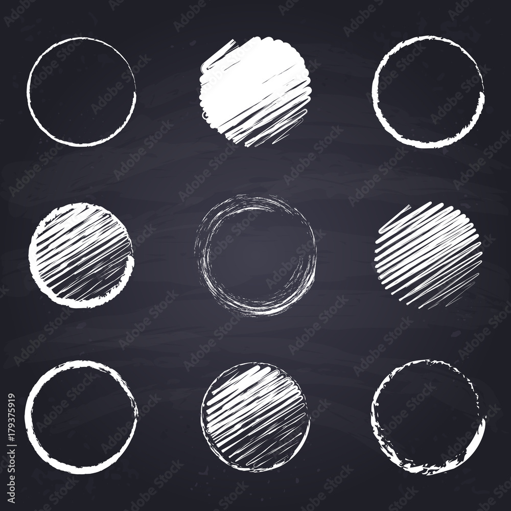 Chalk drawn round, circle. Geometric figures on chalkboard background.