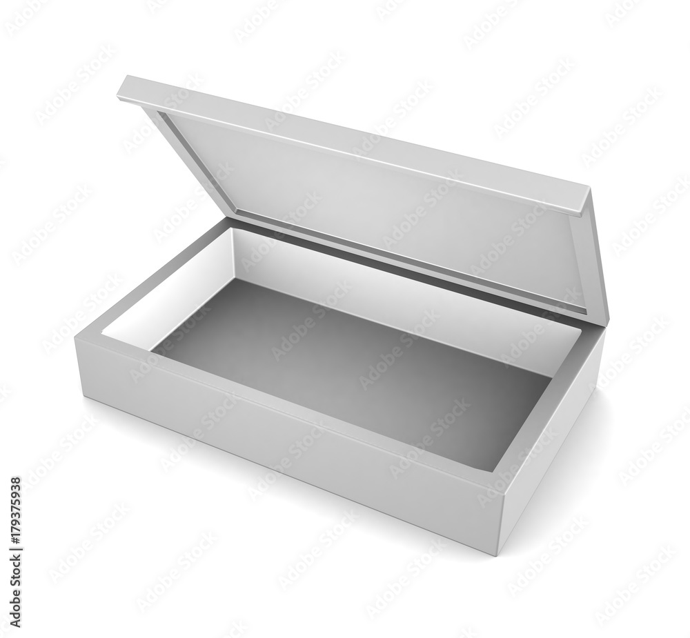Realistic white open box isolated on white background. 3d illustration
