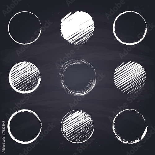 Chalk drawn round, circle. Geometric figures on chalkboard background.