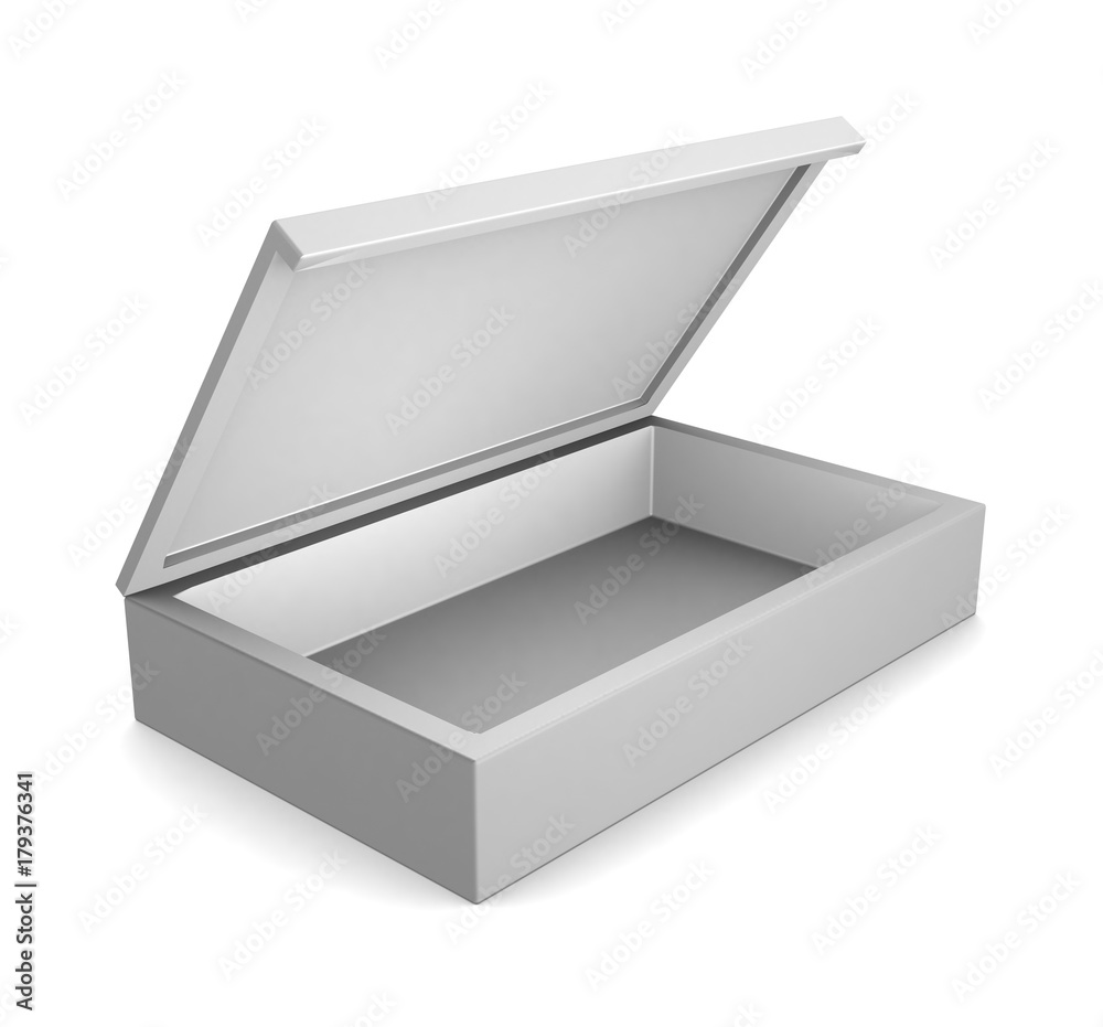 Realistic white open box isolated on white background. 3d illustration