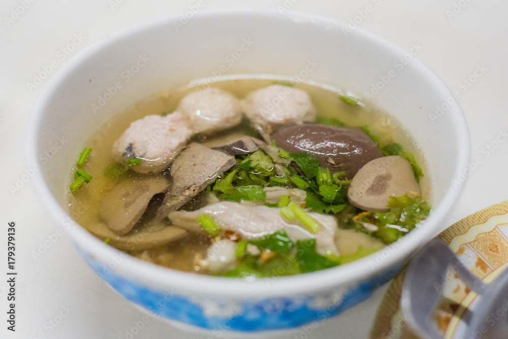 Thai style clear soup with congealed pork blood, Thai food Thai style clear soup with congealed pork blood, Thai food