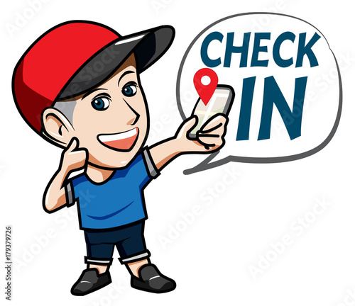 The character Man wearing hat with Selfie Check in Point photo