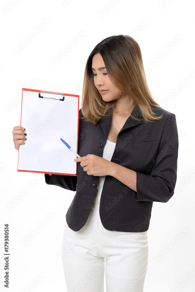 Young business woman holding a document standing with confident. Young business woman holding a document standing with confident.