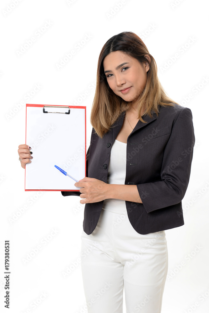 Young business woman holding a document standing with confident. Young business woman holding a document standing with confident.