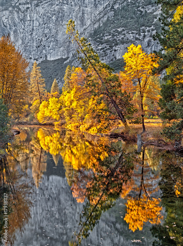 fall colored forest reflection over the river