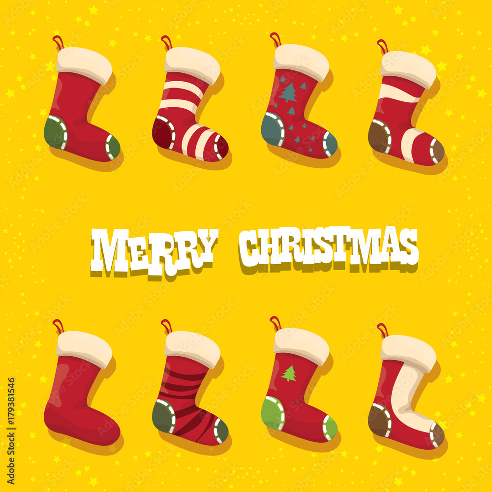 vector cartoon cute christmas stocking or socks with color ornament isolated on orange background. Merry Christmas vector greeting card