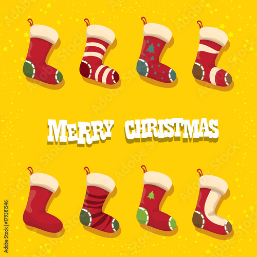 vector cartoon cute christmas stocking or socks with color ornament isolated on orange background. Merry Christmas vector greeting card