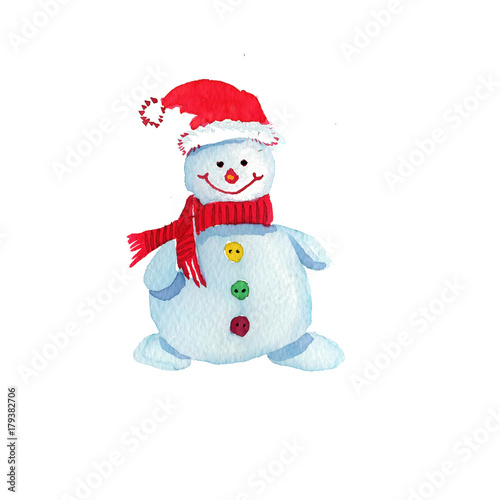 Cartoon Christmas cheerful snowman in a red hat drawn watercolor