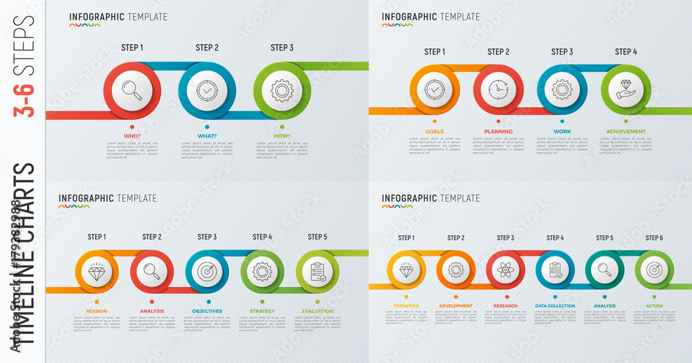 Set of vector timeline chart infographic designs for data visualization. 3-6 steps, options, processes. Set of vector timeline chart infographic designs for data visualization. 3-6 steps, options, processes.