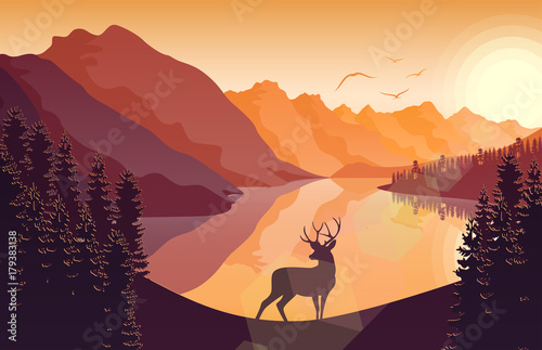 Mountain landscape with deer in a forest and lake at sunset