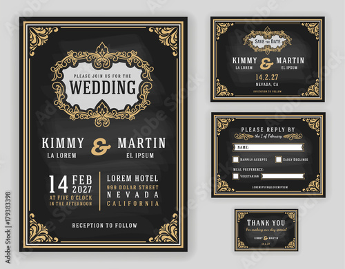 Vintage luxurious wedding invitation on chalkboard background