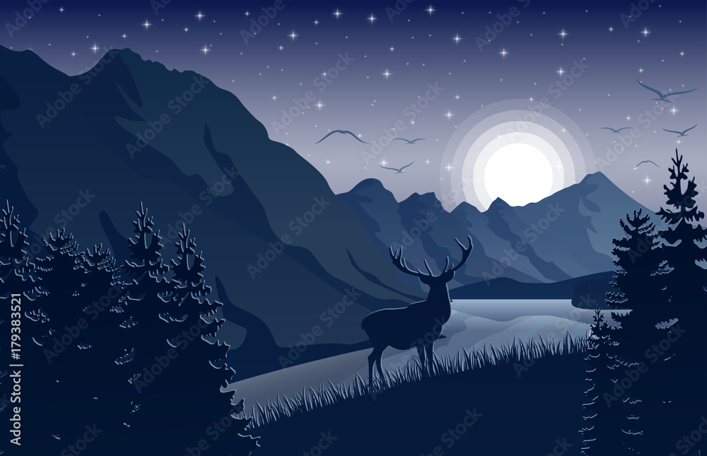 Fototapeta premium Night Mountains landscape with deer near a lake and stars on the sky
