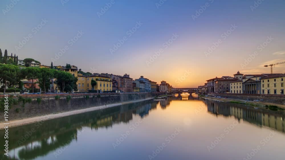 Sunset view of Florence Ponte Vecchio over Arno River in Florence timelapse, Italy. Sunset view of Florence Ponte Vecchio over Arno River in Florence timelapse, Italy.