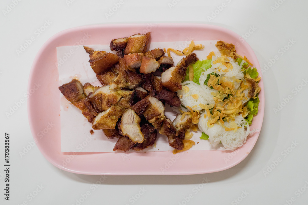 fried pork belly garlic with Chinese noodles, Vietnam food, Thai food