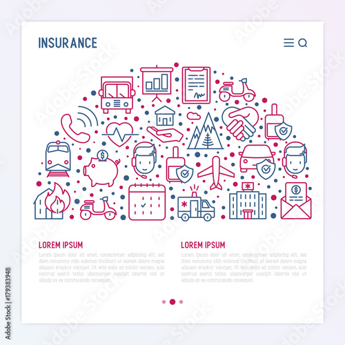 Insurance concept in half circle with thin line icons: health, life, car, house, savings. Modern vector illustration for banner, template of web page, print media.