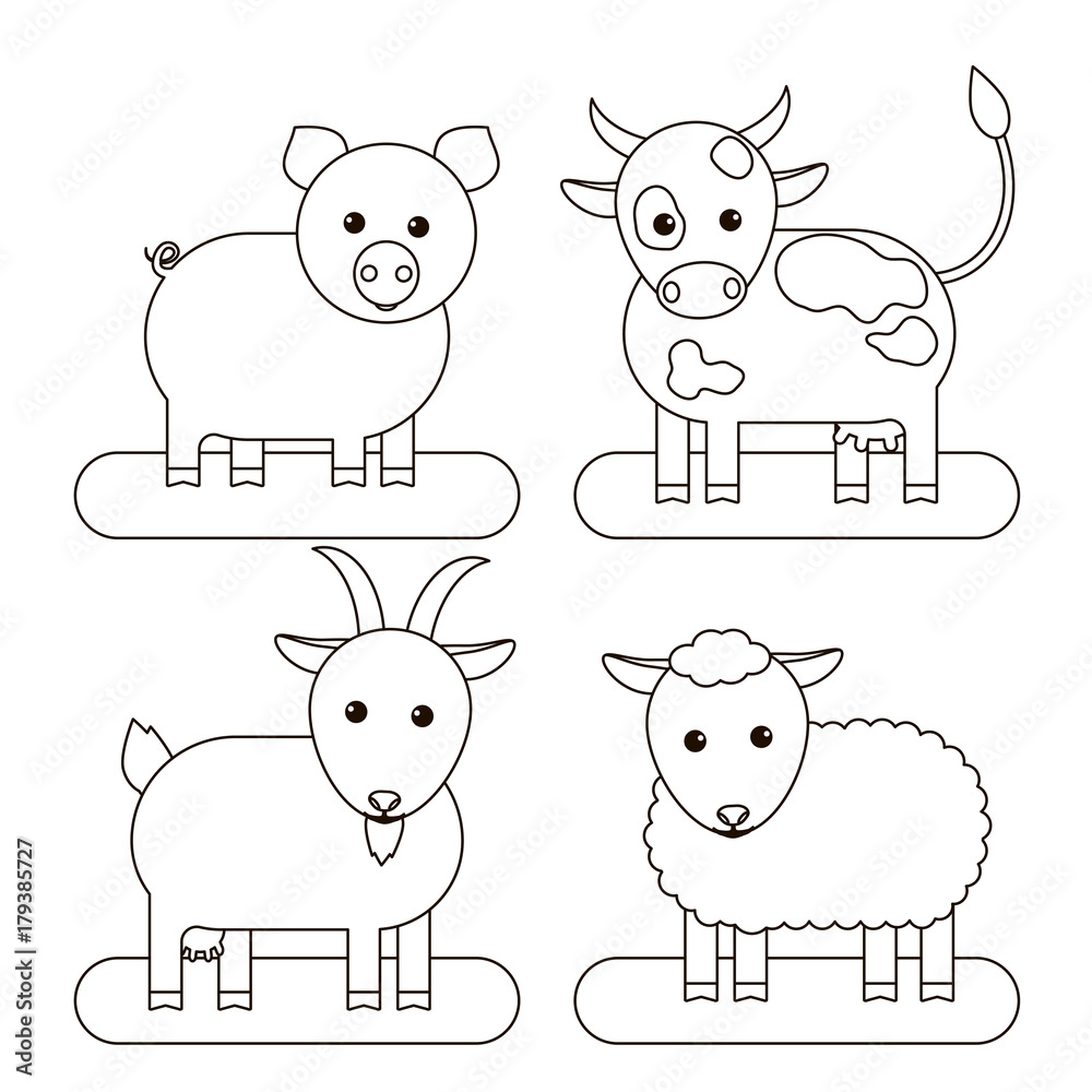 Obraz premium Kids coloring book: cow, pig, goat and sheep. Vector illustration.