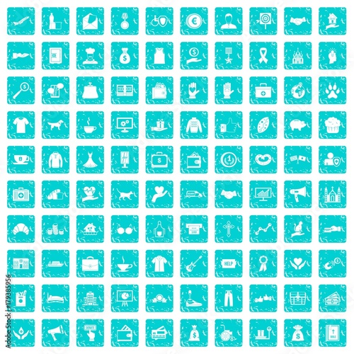 100 charity icons set grunge blue