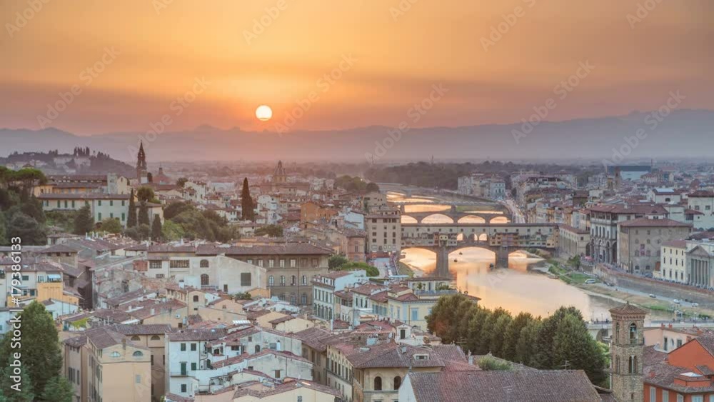Scenic Skyline View of Arno River timelapse, Ponte Vecchio from Piazzale Michelangelo at Sunset, Florence, Italy. Scenic Skyline View of Arno River timelapse, Ponte Vecchio from Piazzale Michelangelo at Sunset, Florence, Italy.