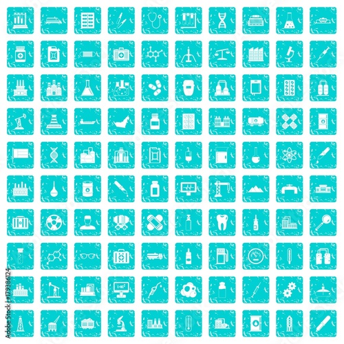 100 chemical industry icons set grunge blue