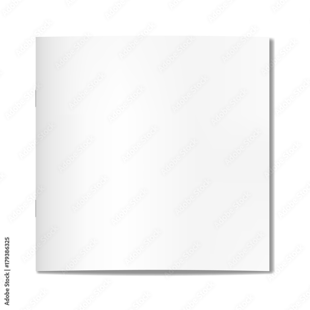 Vector realistic square closed book, journal or magazine on staples mockup. Blank front or cover page of sketchbook or notebook template for catalog, brochure design Vector realistic square closed book, journal or magazine on staples mockup. Blank front or cover page of sketchbook or notebook template for catalog, brochure design