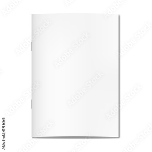 Vector realistic closed book, journal or magazine cover mockup with sheet of A4A. Blank front or cover page of sketchbook or notepad template for catalog, brochure design photo