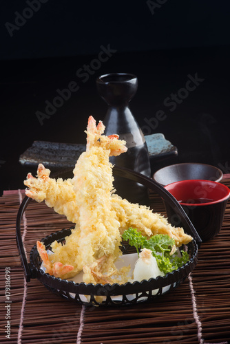 japanese cuisine. tempura prawn on the background