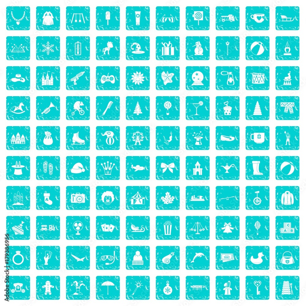 100 children icons set grunge blue 100 children icons set grunge blue