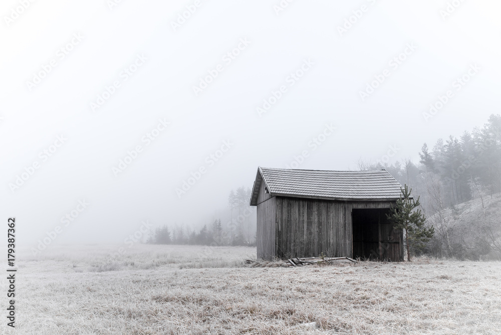 Old barn in misty morning. Old barn in misty morning.
