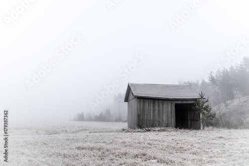 Old barn in misty morning.