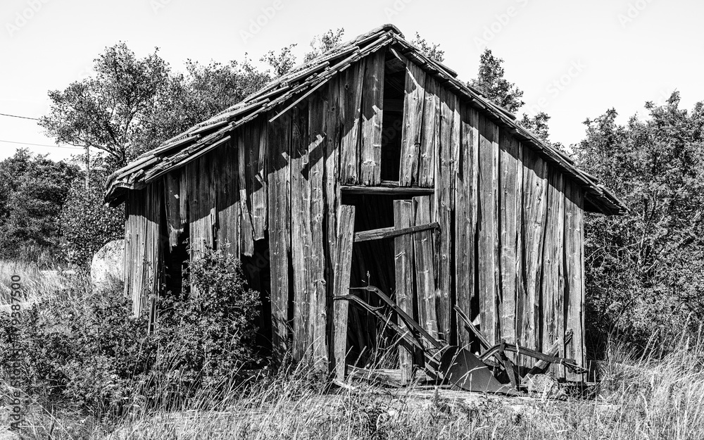 Monochrome shot of a weathered and damaged outbuilding with a stone base, wood plank walls, and tin roof. Monochrome shot of a weathered and damaged outbuilding with a stone base, wood plank walls, and tin roof.