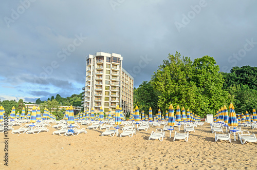 ALBENA, BULGARIA - JUNE 15, 2017: Kaliakra hotel near the Black Sea shore with golden sands, umbrellas and sunbeds