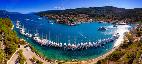 Yachts ancored in harbour in Fiskardo Kefalonya bay in Greece