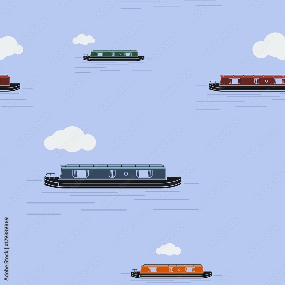 Fototapeta premium Editable Side View Narrow Boat Vector Illustration in Various Colors with Cloudy Sky Seamless Pattern for Creating Background of Transportation or Recreation of United Kingdom or Europe Related Design