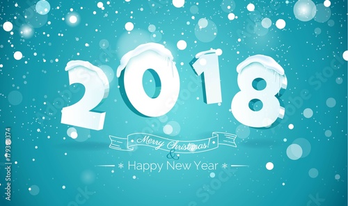 Happy new year 2018 Text Design.2018 snow number illustration. Happy holidays banner with snowflakes and icicles isolated on blue sparkling background. Greeting card. Vector illustration.