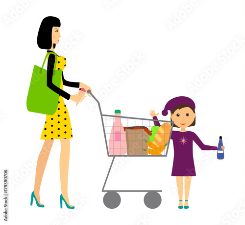 Mom with daughter with a basket of goods on a white background. Vector. Family in the supermarket. Shopping.