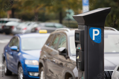 Parking machine with solar panel in the city street. Pay On Foot Parking System