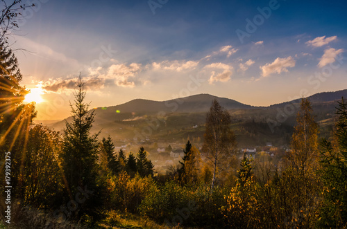 Ukrainian Carpathian Mountains landscape background during the sunset in the autumn season