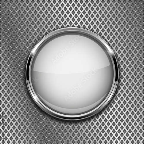 Round white button with chrome frame. On metal perforated background