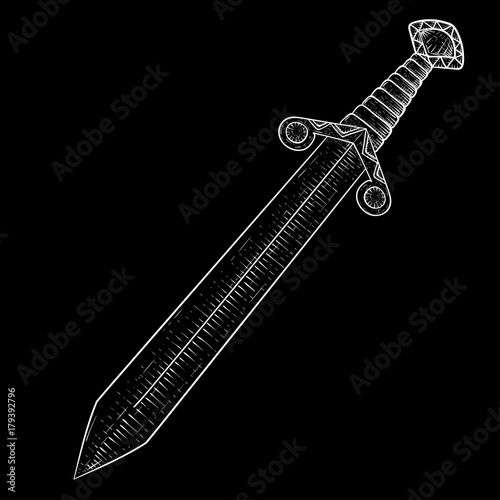 Metal sword. Old medieval weapon. Hand drawn sketch on black background