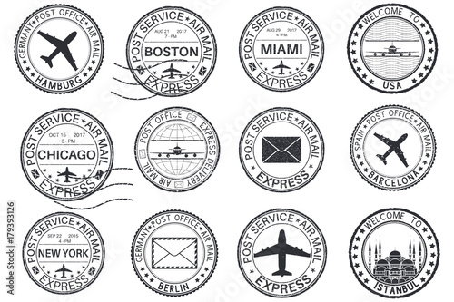 Tourist stamps and postmarks. Collection of round ink stamps