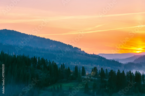 Ukrainian Carpathian Mountains landscape background during the sunset in the autumn season