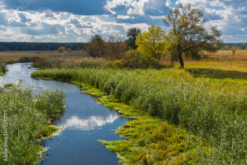 Autumnal landscape with small Ukrainian river Merla located in Poltavsk region